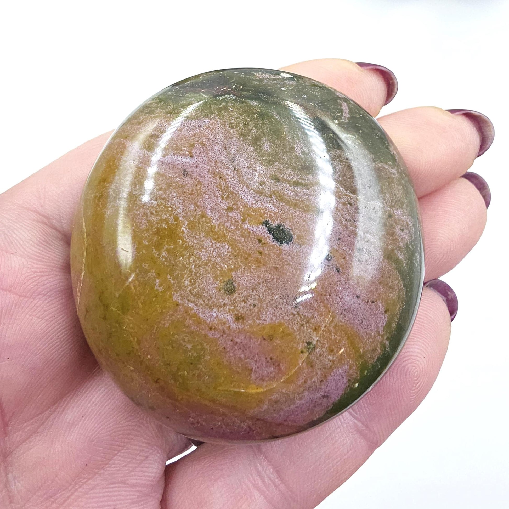 Large Round Ocean Jasper Palm Stone – Emotional Balance, Nurturing & Earth–Ocean Healing Crystal, 120g