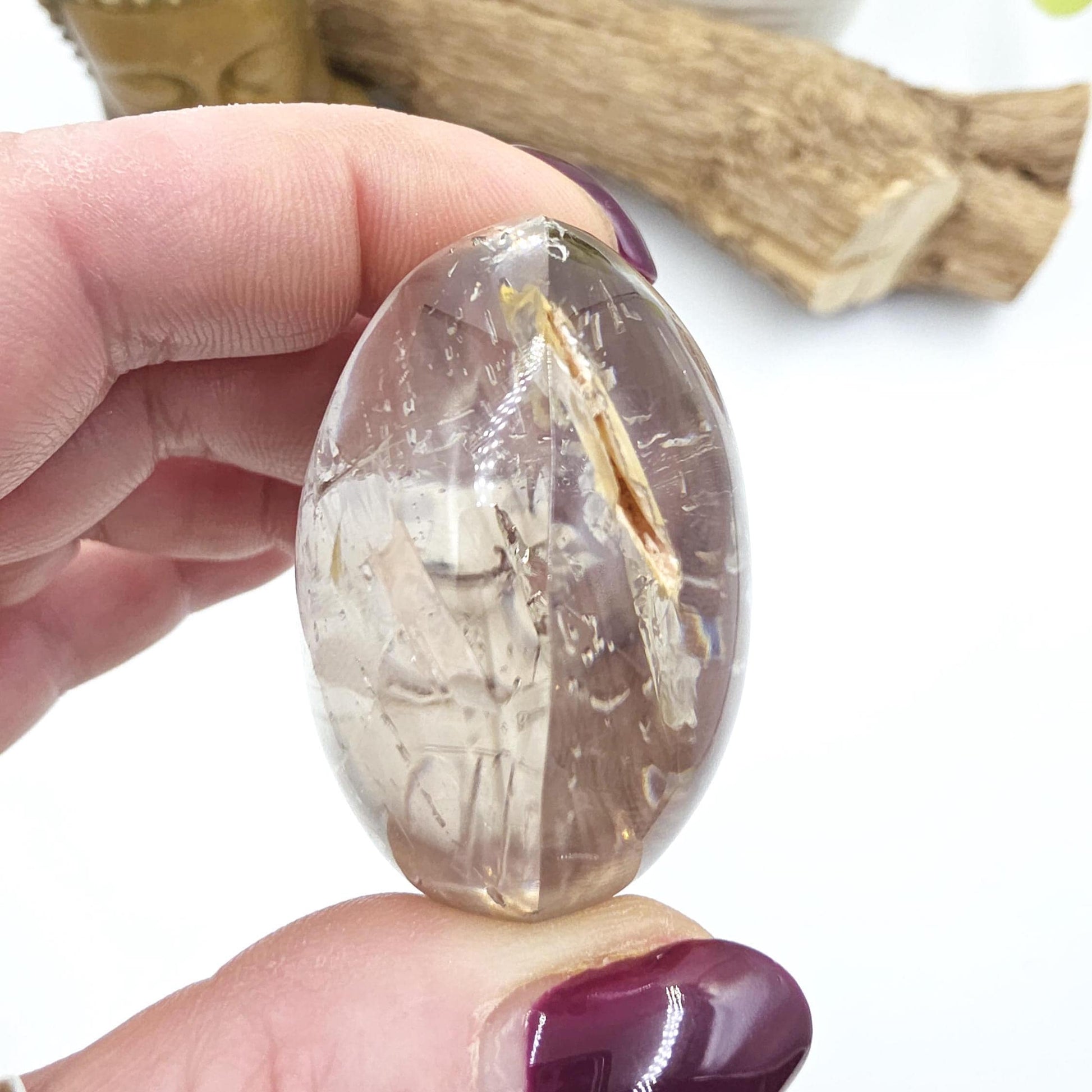 High Grade Enhydro Clear Quartz Palm Stone – 3 Moving Water Bubbles, Natural Rainbows & Amplifying Energy Crystal, 85g