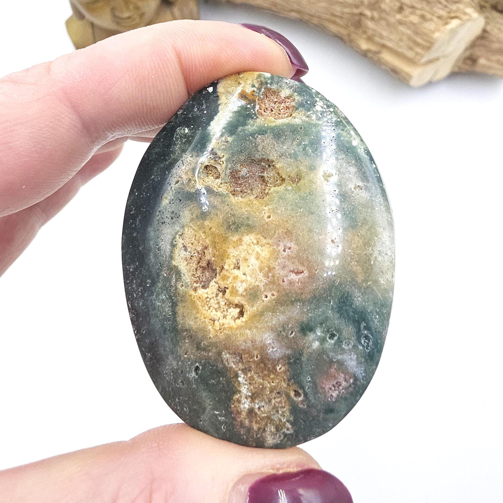 Orbicular Ocean Jasper Palm Stone with Natural Pockets – Joy, Emotional Healing & Nurturing Support Crystal, 80g