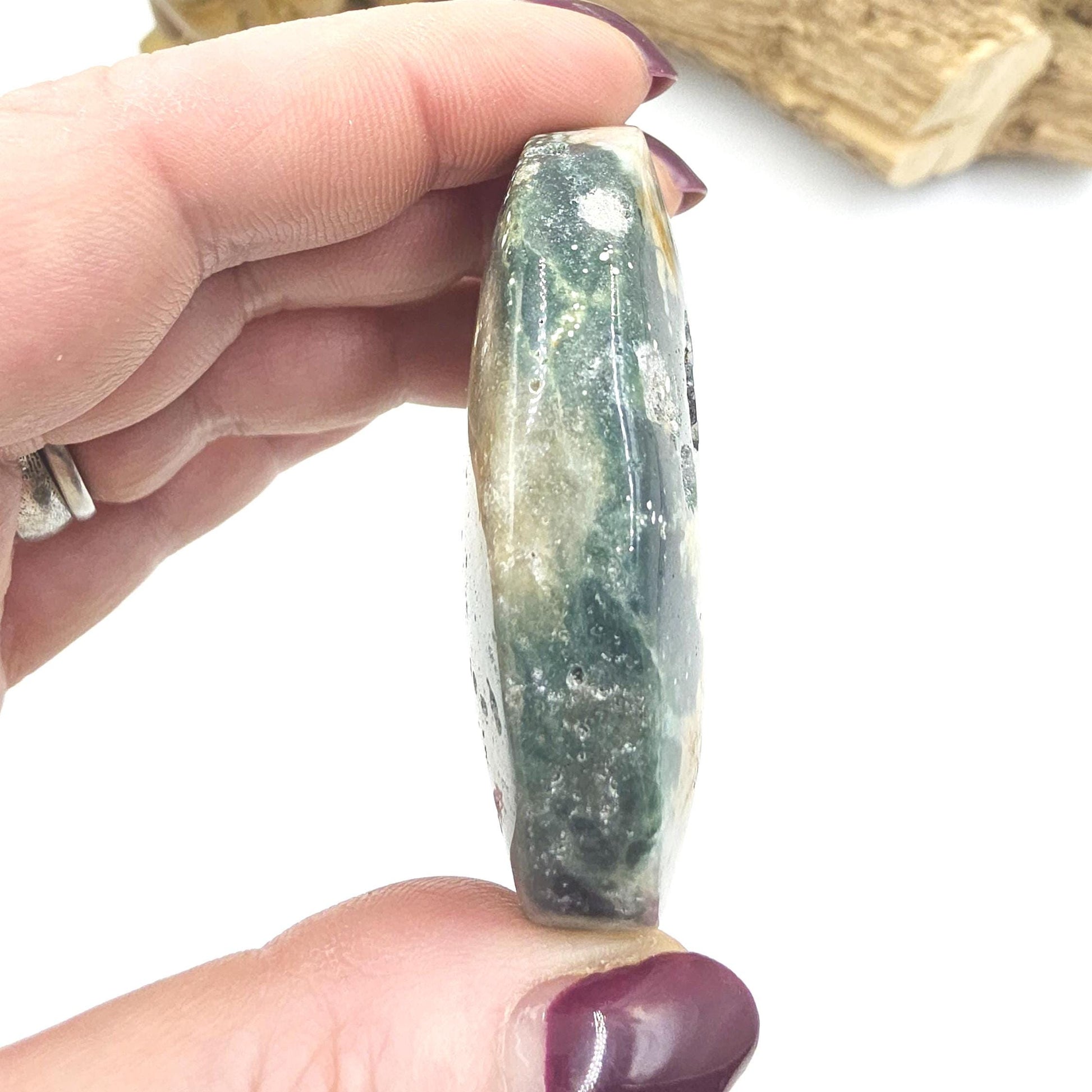 Orbicular Ocean Jasper Palm Stone with Natural Pockets – Joy, Emotional Healing & Nurturing Support Crystal, 80g