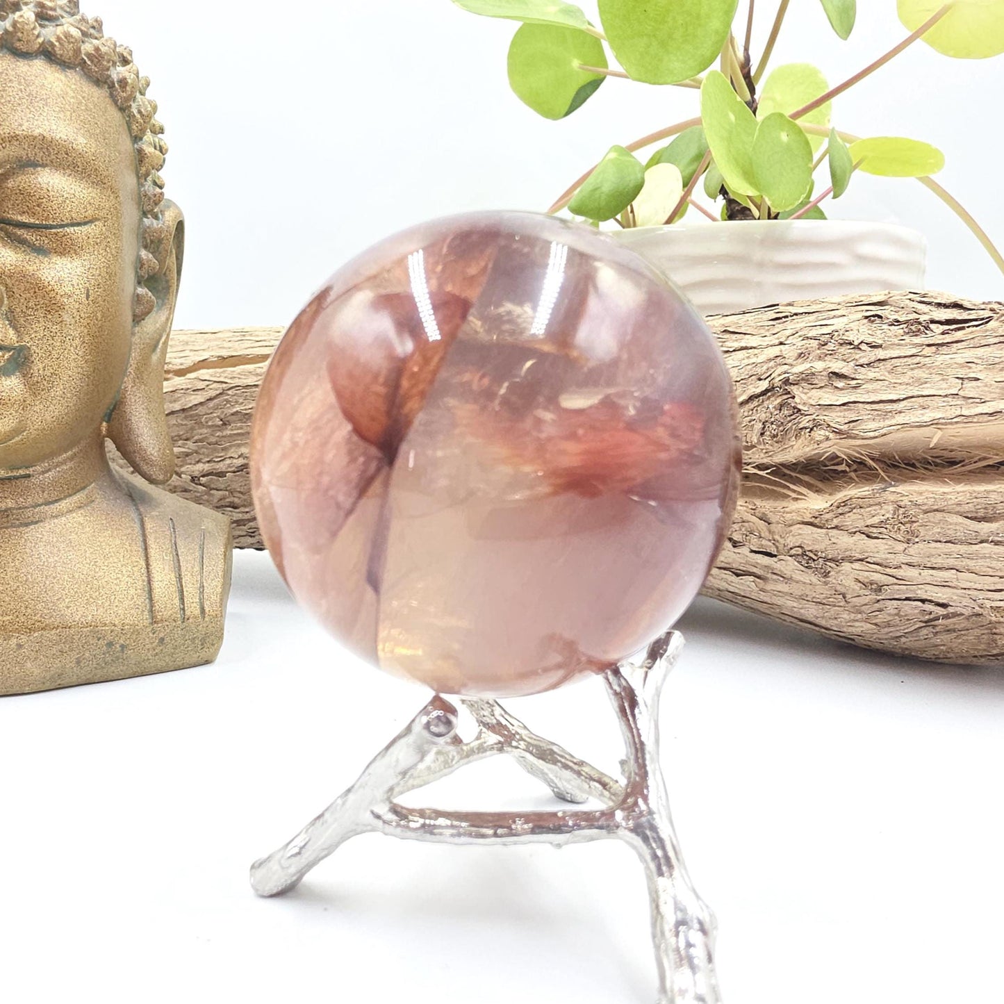 High Grade Fire Quartz Sphere with rainbows – Strength, Confidence & Grounded Energy Crystal, 55mm