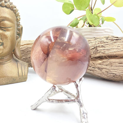 High Grade Fire Quartz Sphere with rainbows – Strength, Confidence & Grounded Energy Crystal, 55mm