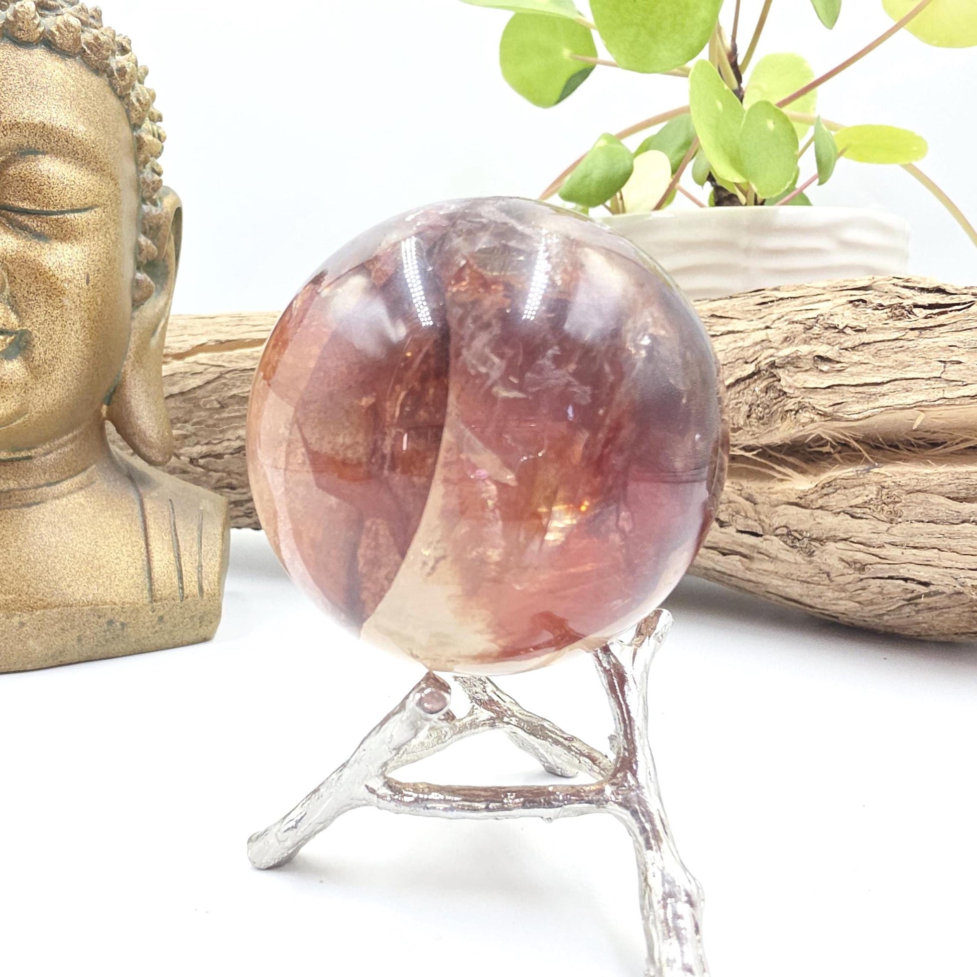 High Grade Fire Quartz Sphere with rainbows – Strength, Confidence & Grounded Energy Crystal, 55mm