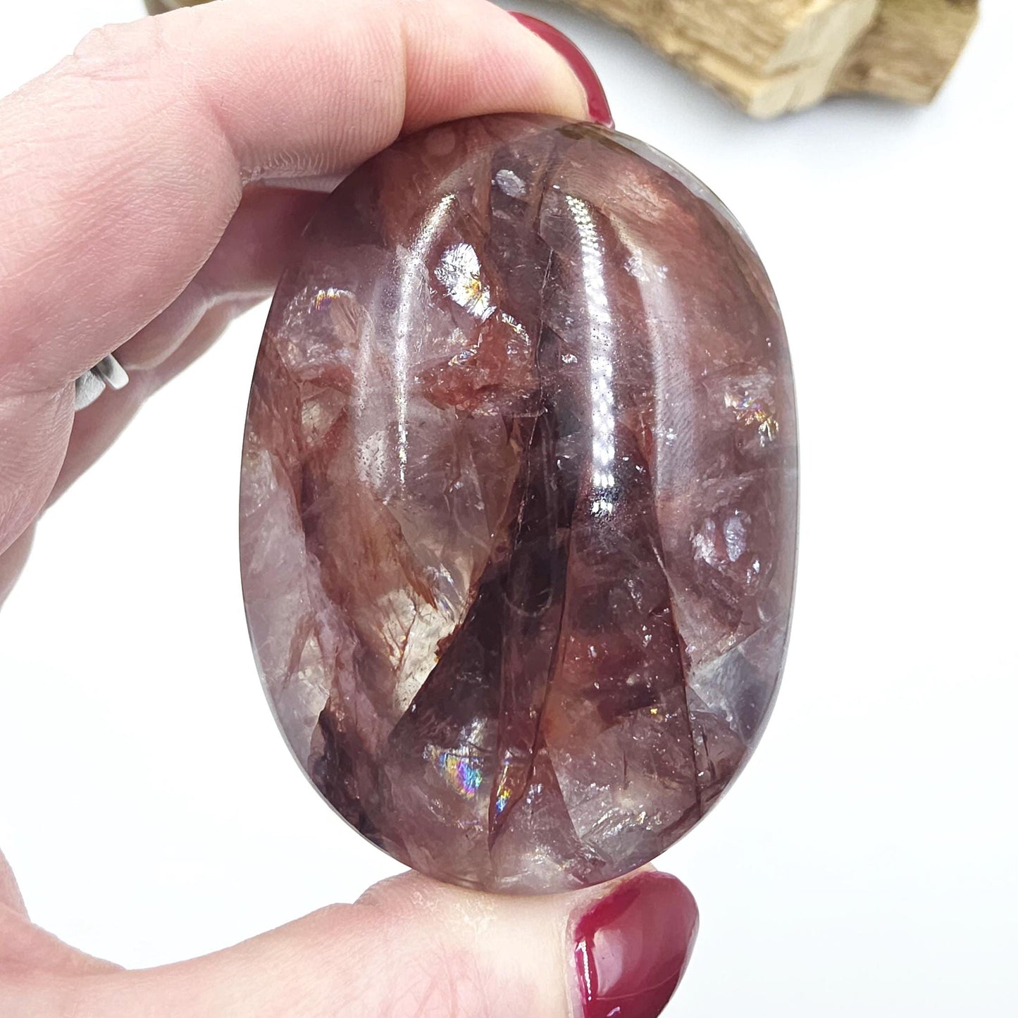 High Grade Large Fire Quartz (Hematoid) Palm Stone with strong rainbow flashes - Grounding & Vitality Crystal - 210g