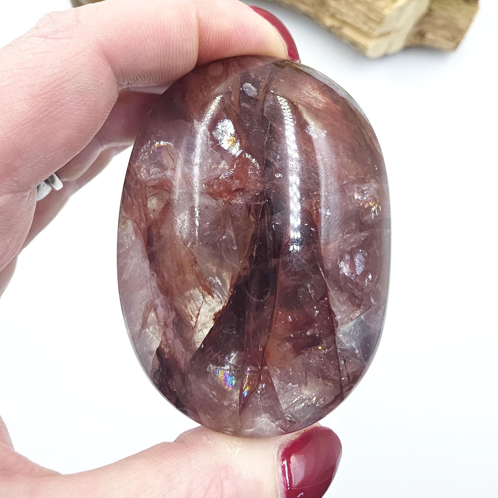 High Grade Large Fire Quartz (Hematoid) Palm Stone with strong rainbow flashes - Grounding & Vitality Crystal - 210g