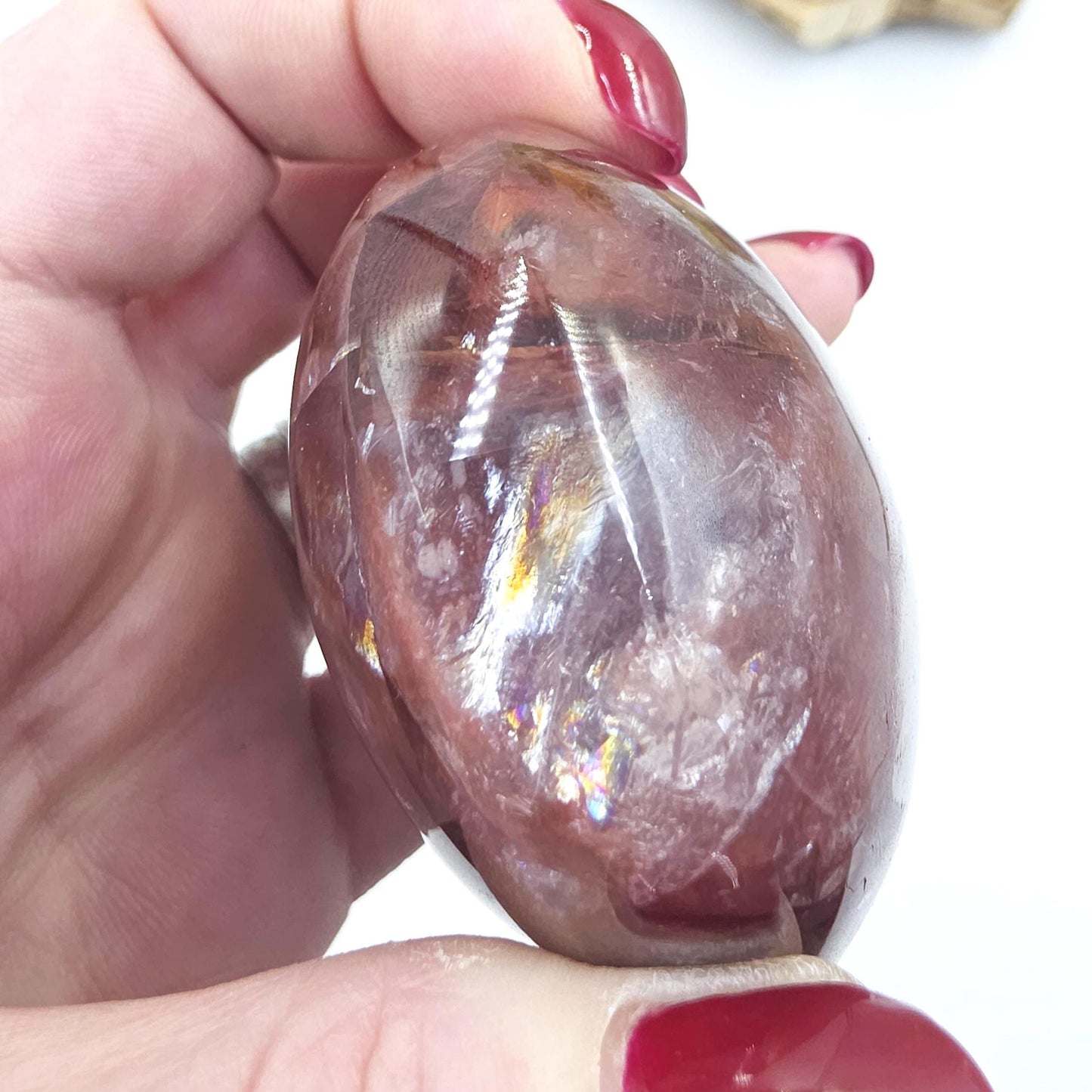High Grade Large Fire Quartz (Hematoid) Palm Stone with strong rainbow flashes - Grounding & Vitality Crystal - 210g