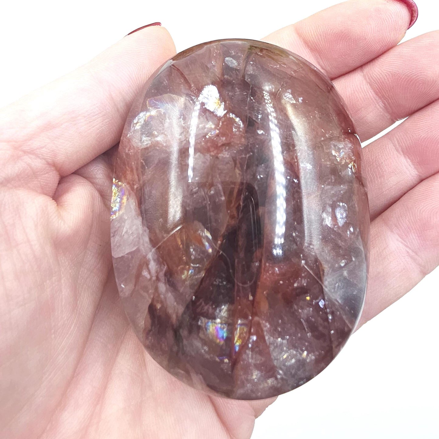 High Grade Large Fire Quartz (Hematoid) Palm Stone with strong rainbow flashes - Grounding & Vitality Crystal - 210g