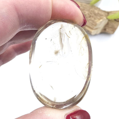 Light Smoky Quartz Palm Stone with Golden Healer and Rainbows- Grounding & Protection Crystal, 55g