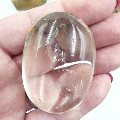 Light Smoky Quartz Palm Stone with Golden Healer and Rainbows- Grounding & Protection Crystal, 55g