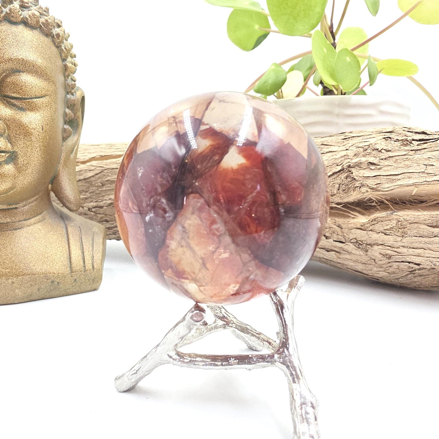 High Grade Fire Quartz Sphere with rainbows – Strength, Confidence & Grounded Energy Crystal, 55mm