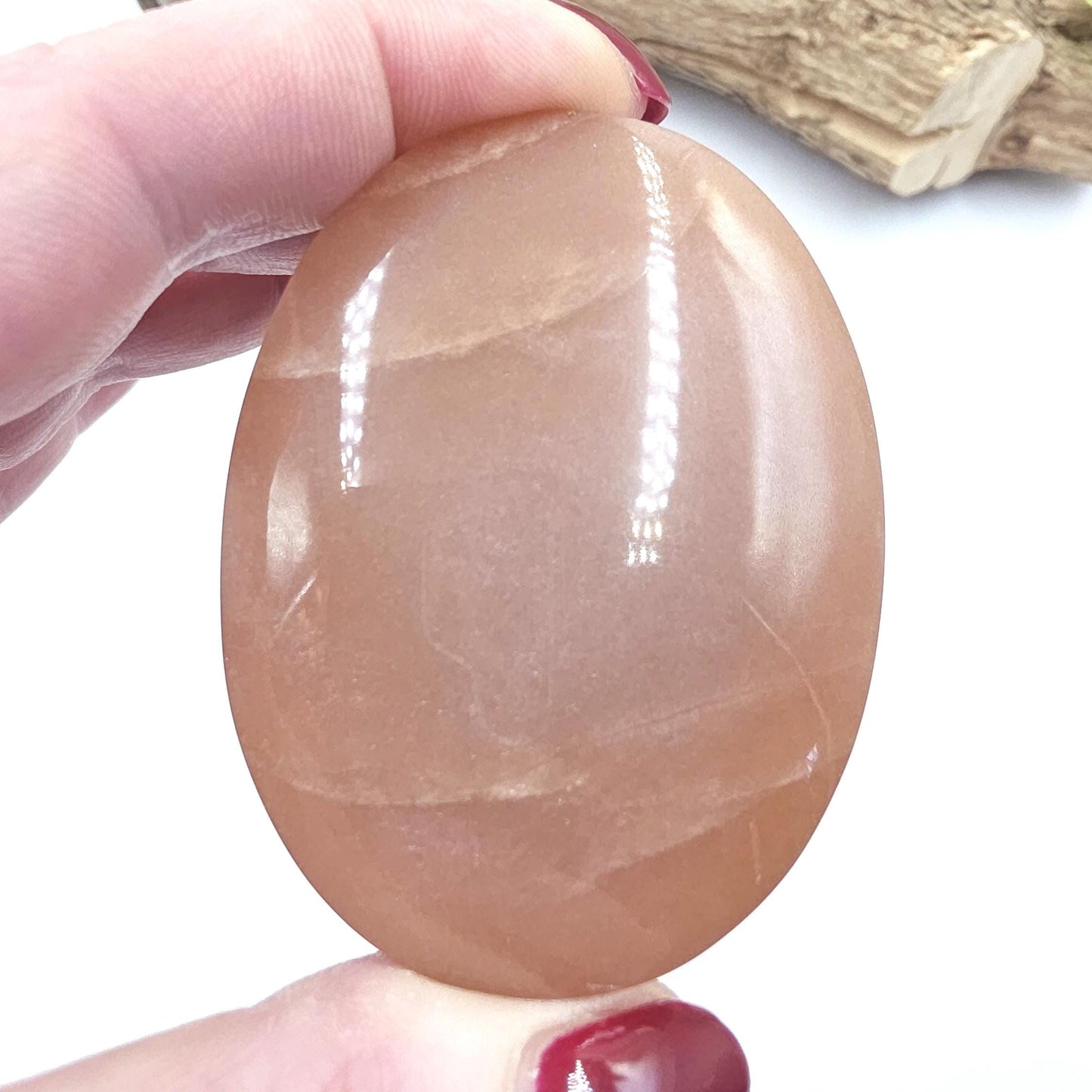 High Grade Peach Moonstone with Gold Sunstone Palm Stone – Intuition, Joy & Sacral Chakra Crystal, 95g