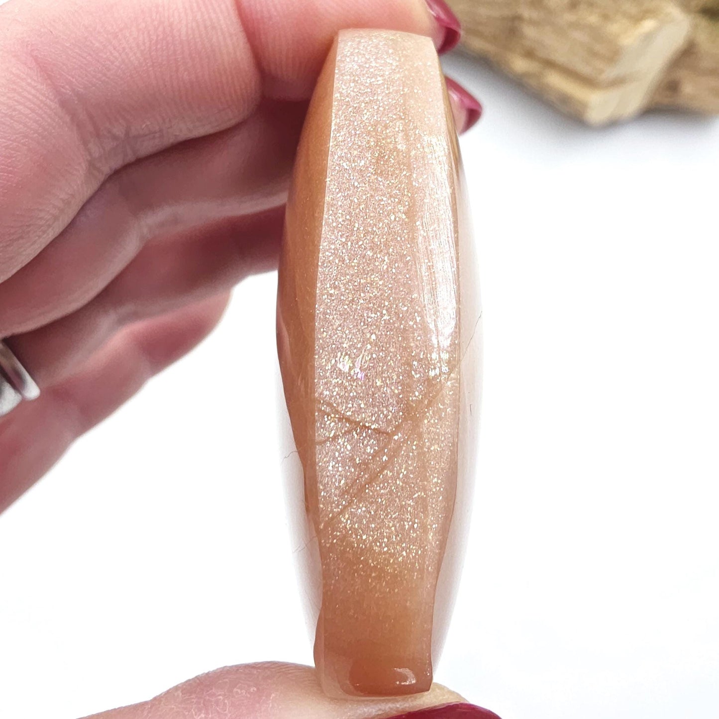 High Grade Peach Moonstone with Gold Sunstone Palm Stone – Intuition, Joy & Sacral Chakra Crystal, 95g