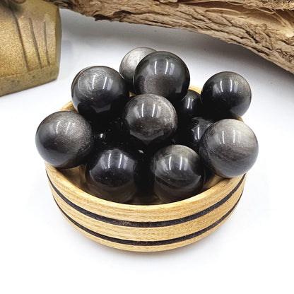 Silver Sheen Obsidian Mini Spheres – Protection, Insight & Root Chakra Crystal, 18-21mm