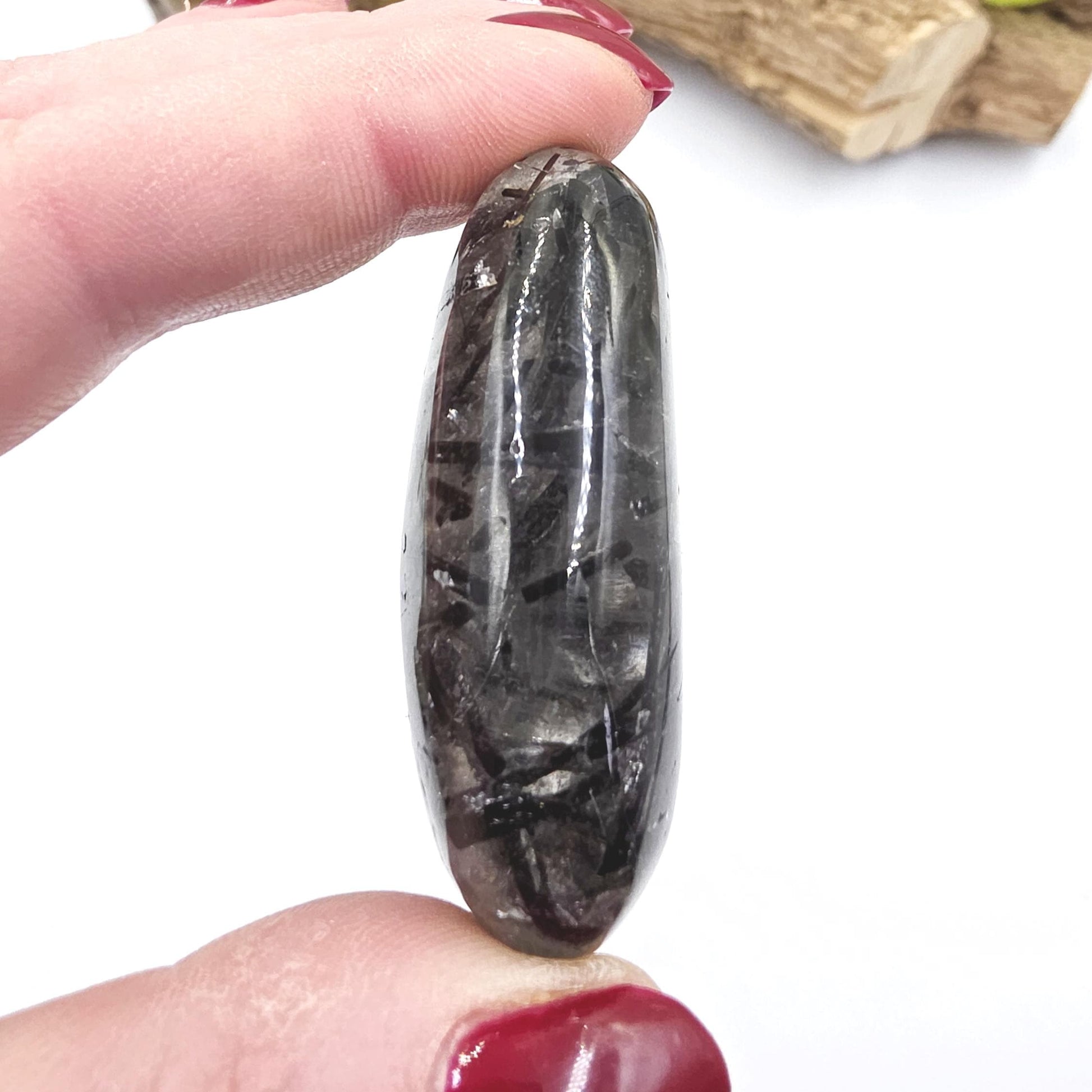 High Grade Black Tourmaline Rutile Quartz Palm Stone – Protection, Grounding & Energy Amplification Crystal, 55g