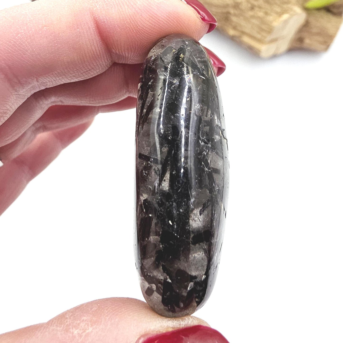 High Grade Black Tourmaline Rutile Quartz Palm Stone – Protection, Grounding & Energy Amplification Crystal, 55g