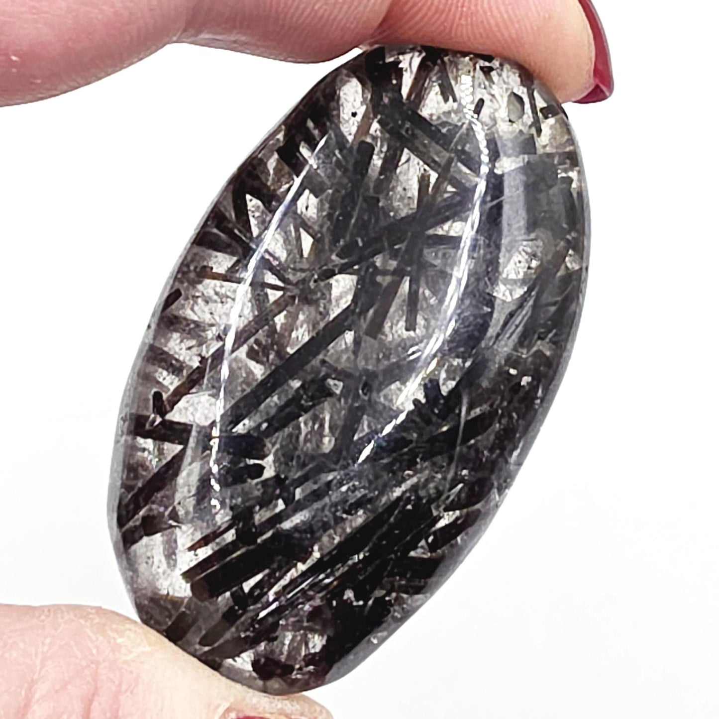 High Grade Black Tourmaline Rutile Quartz Palm Stone – Protection, Grounding & Energy Amplification Crystal, 55g