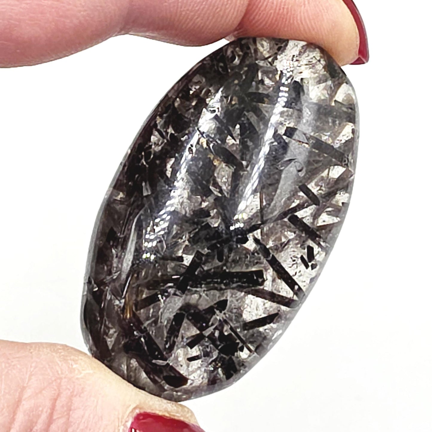 High Grade Black Tourmaline Rutile Quartz Palm Stone – Protection, Grounding & Energy Amplification Crystal, 55g