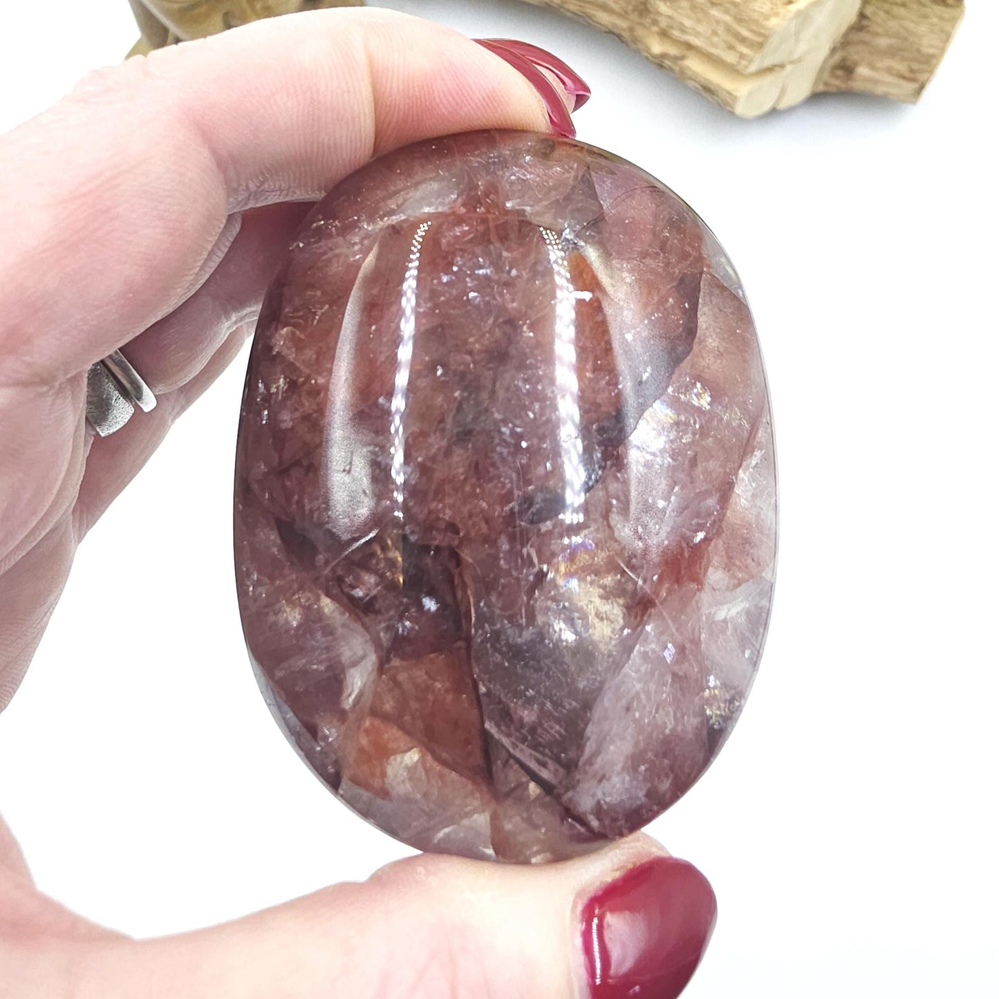 High Grade Large Fire Quartz (Hematoid) Palm Stone with strong rainbow flashes - Grounding & Vitality Crystal - 210g