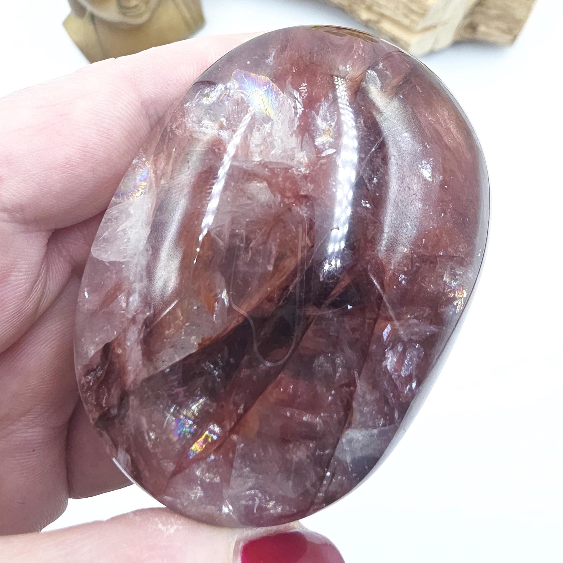 High Grade Large Fire Quartz (Hematoid) Palm Stone with strong rainbow flashes - Grounding & Vitality Crystal - 210g