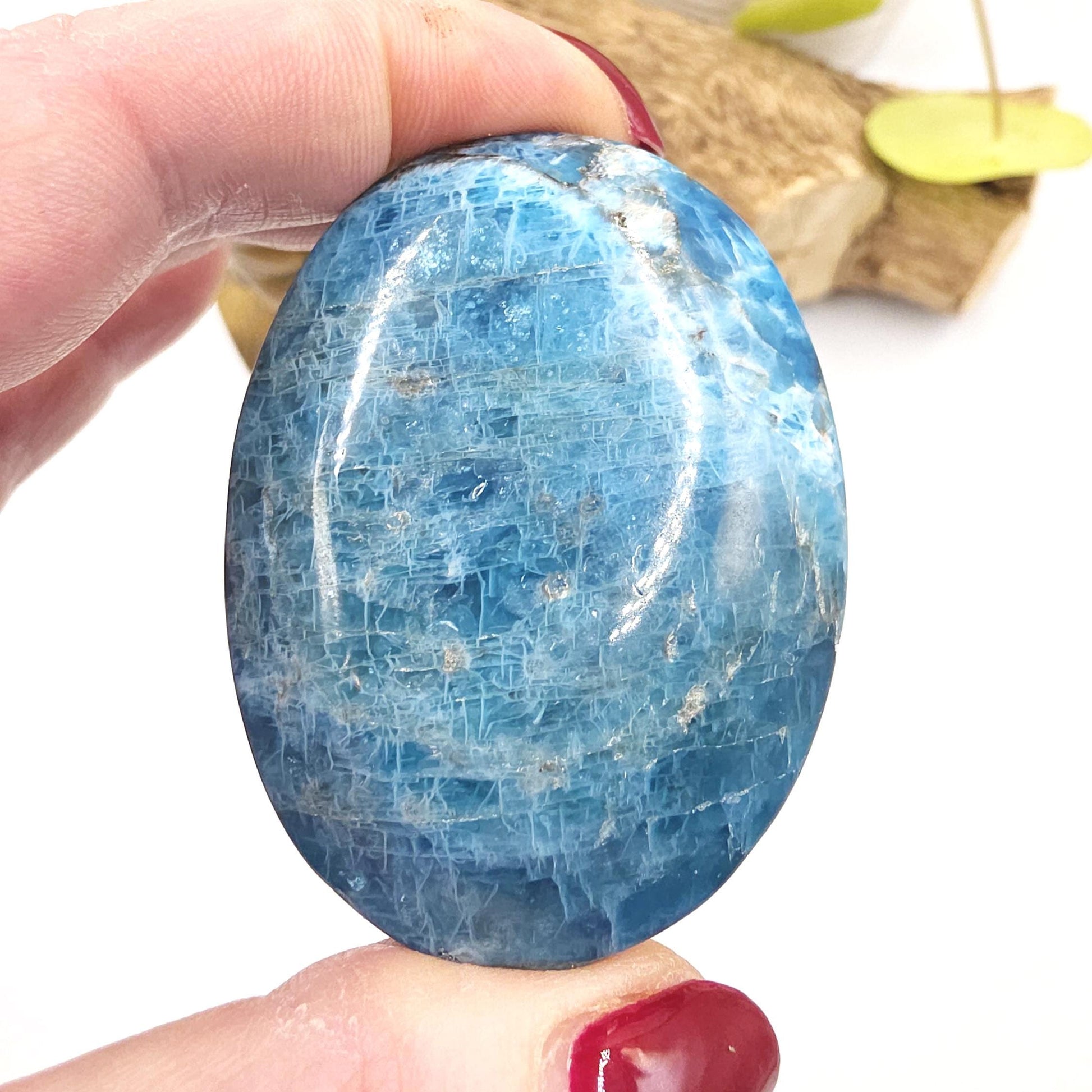 High Grade Shimmery Blue Apatite Palm Stone - Motivation & Focus Healing Crystal - 105g