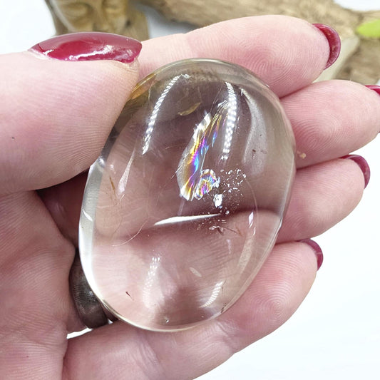 Light Smoky Quartz Palm Stone with Golden Healer and Rainbows- Grounding & Protection Crystal, 55g