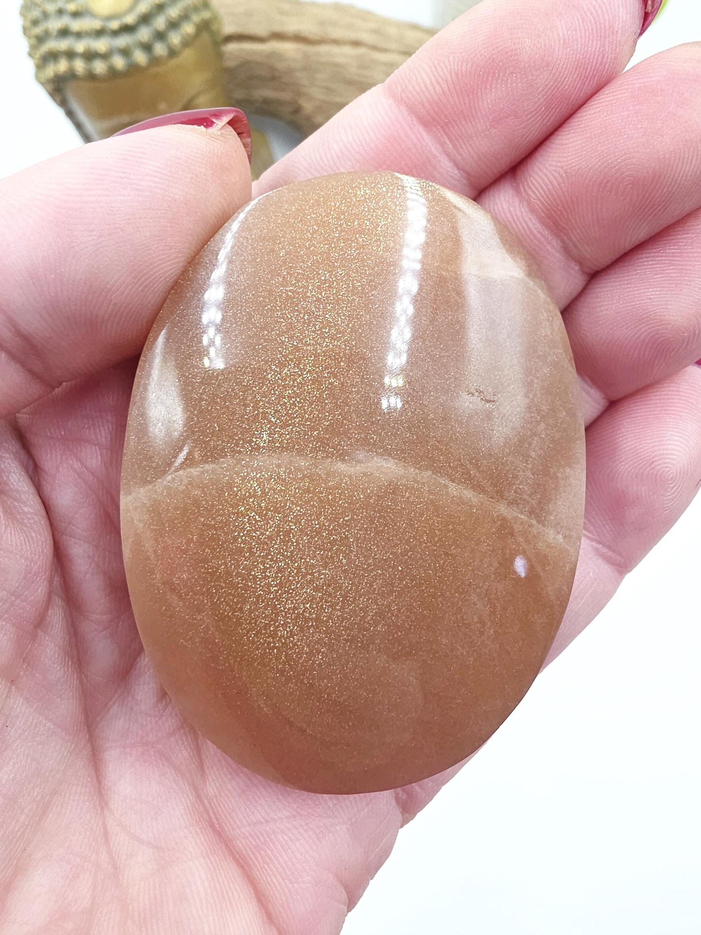High Grade Peach Moonstone with Gold Sunstone Palm Stone – Intuition, Joy & Sacral Chakra Crystal, 95g