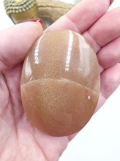 High Grade Peach Moonstone with Gold Sunstone Palm Stone – Intuition, Joy & Sacral Chakra Crystal, 95g