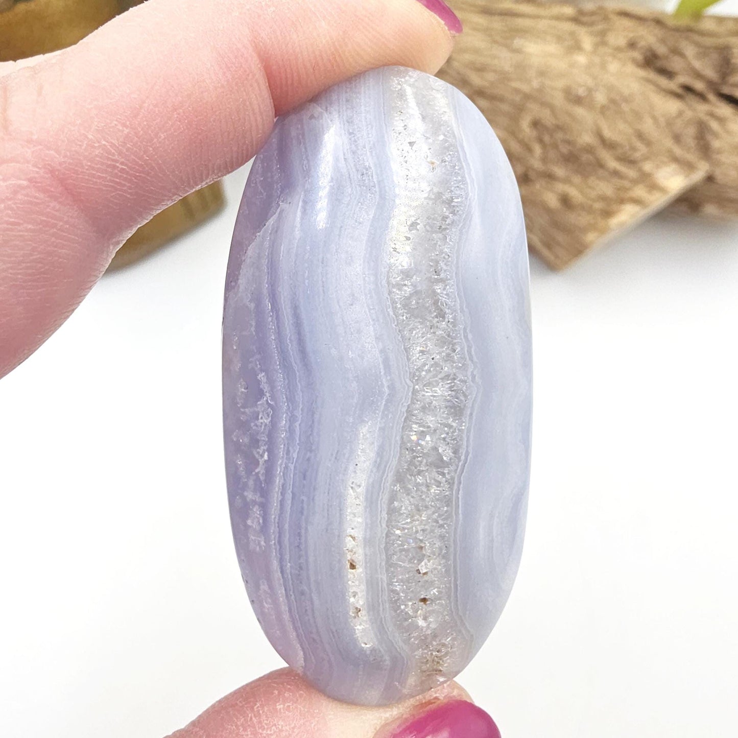 Blue Lace Agate Palm Stone – Calm, Communication & Throat Chakra Crystal, 60g