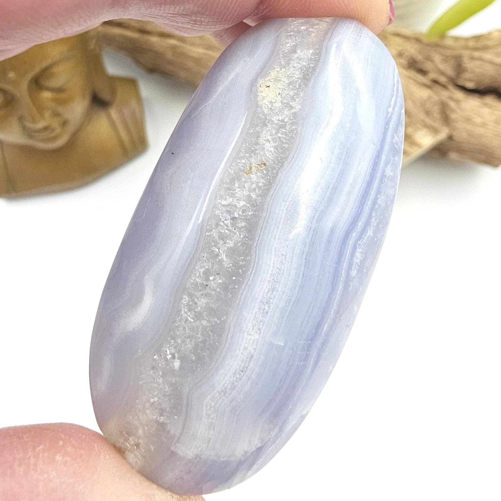 Blue Lace Agate Palm Stone – Calm, Communication & Throat Chakra Crystal, 60g