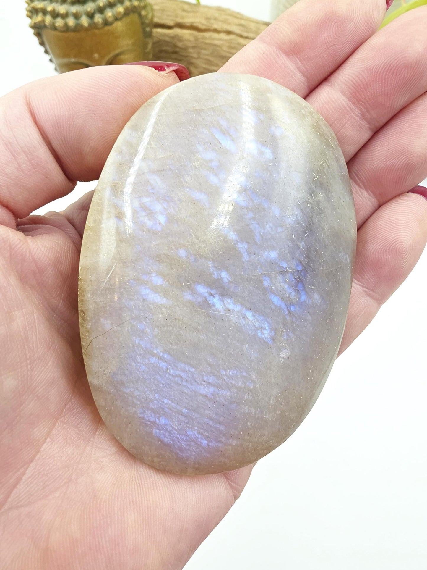 Blue Moonstone Palm Stone – Intuition, Emotional Balance & Crown Chakra Crystal, 160g