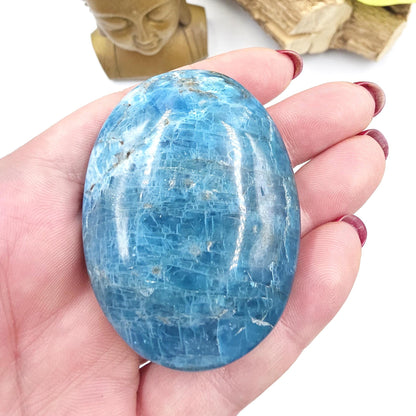 High Grade Shimmery Blue Apatite Palm Stone - Motivation & Focus Healing Crystal - 105g