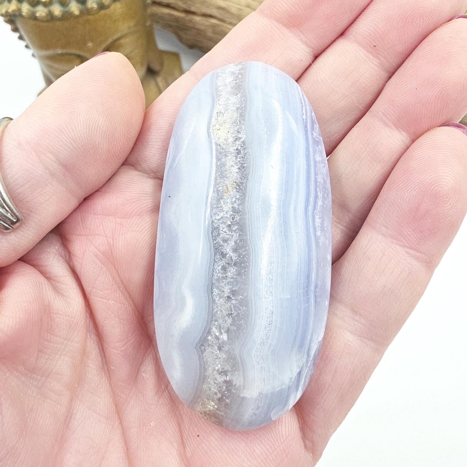 Blue Lace Agate Palm Stone – Calm, Communication & Throat Chakra Crystal, 60g