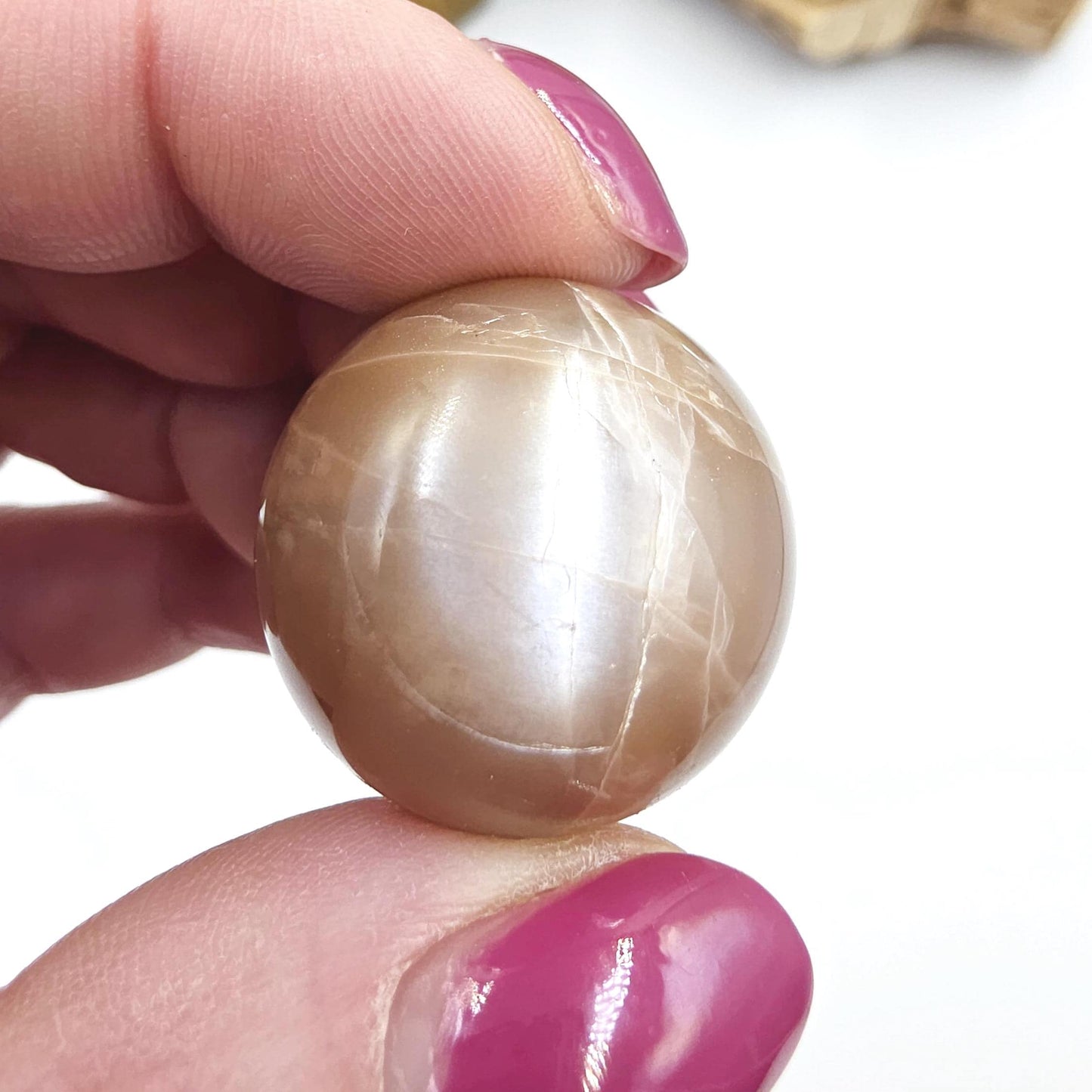 Peach Moonstone Sphere – Intuition, Emotional Balance & Sacral Chakra Crystal, 26mm