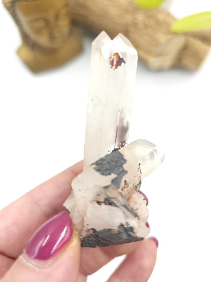 Twin Clear Quartz and Hematite Cluster Specimen - Grounding & Amplifying Healing Raw Crystal, 60g