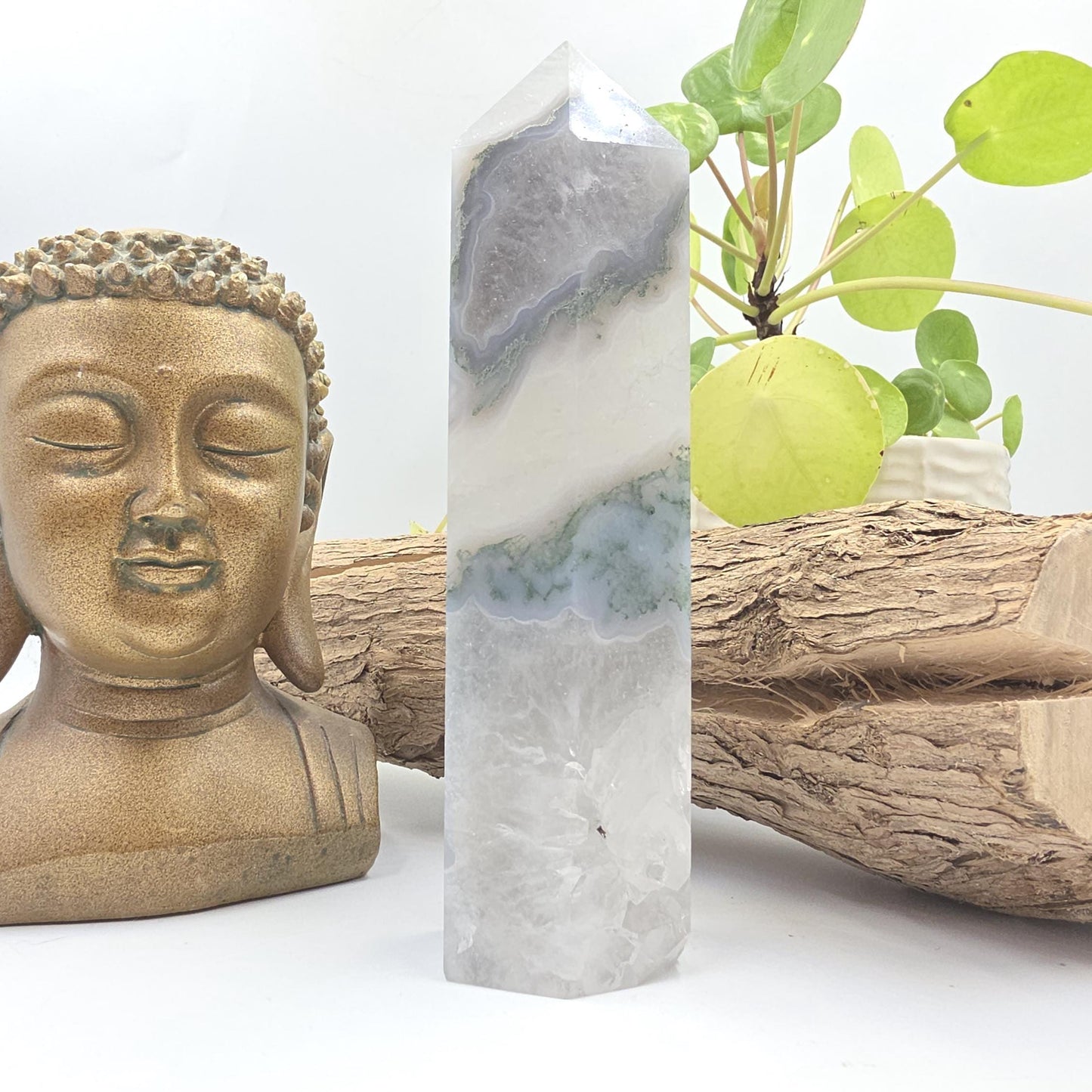 Large Blue Moss Agate Tower – Growth, Balance & Heart Chakra Crystal, 490g