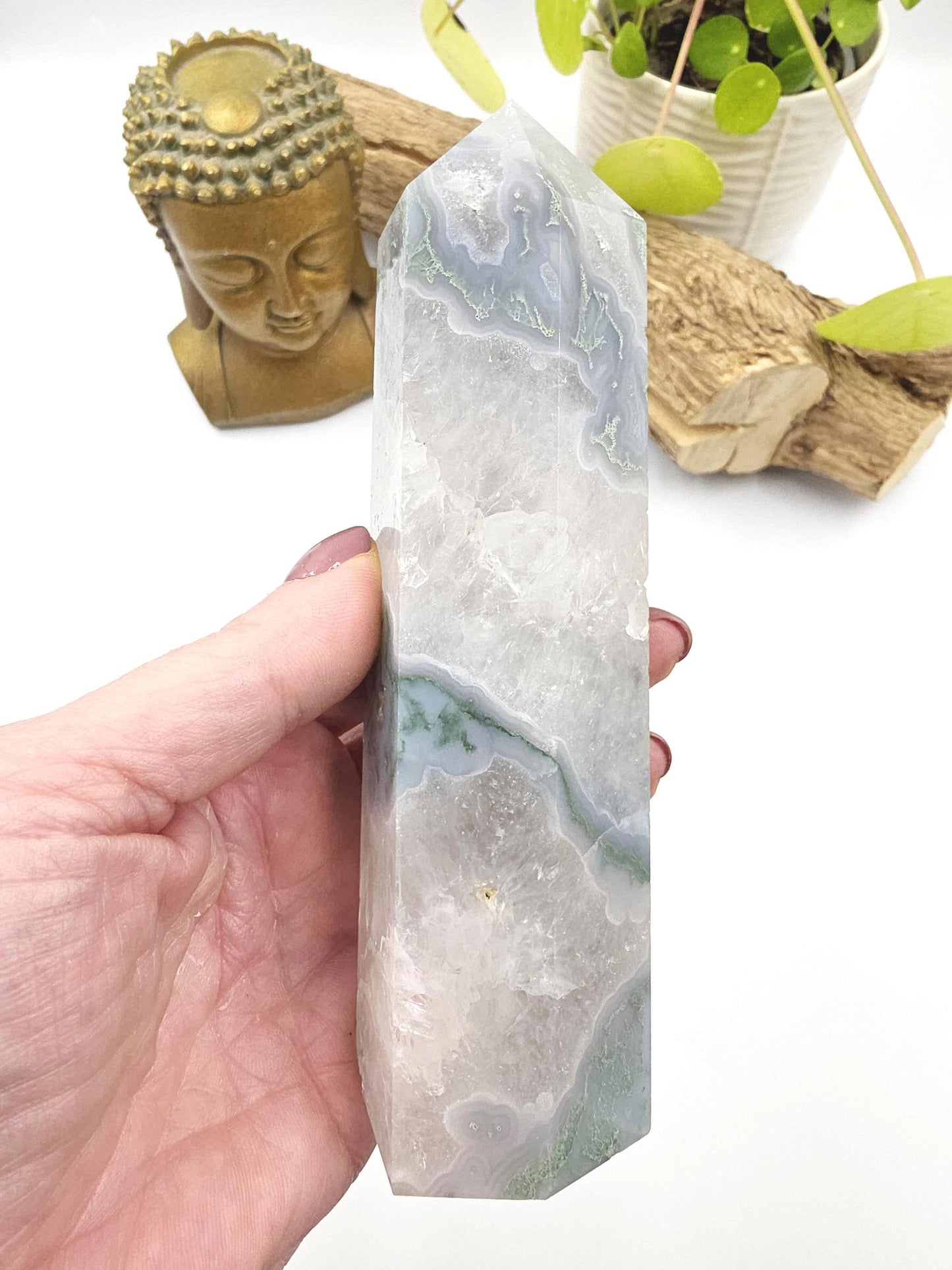 Large Blue Moss Agate Tower – Growth, Balance & Heart Chakra Crystal, 490g