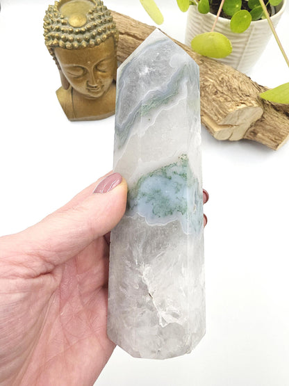 Large Blue Moss Agate Tower – Growth, Balance & Heart Chakra Crystal, 490g