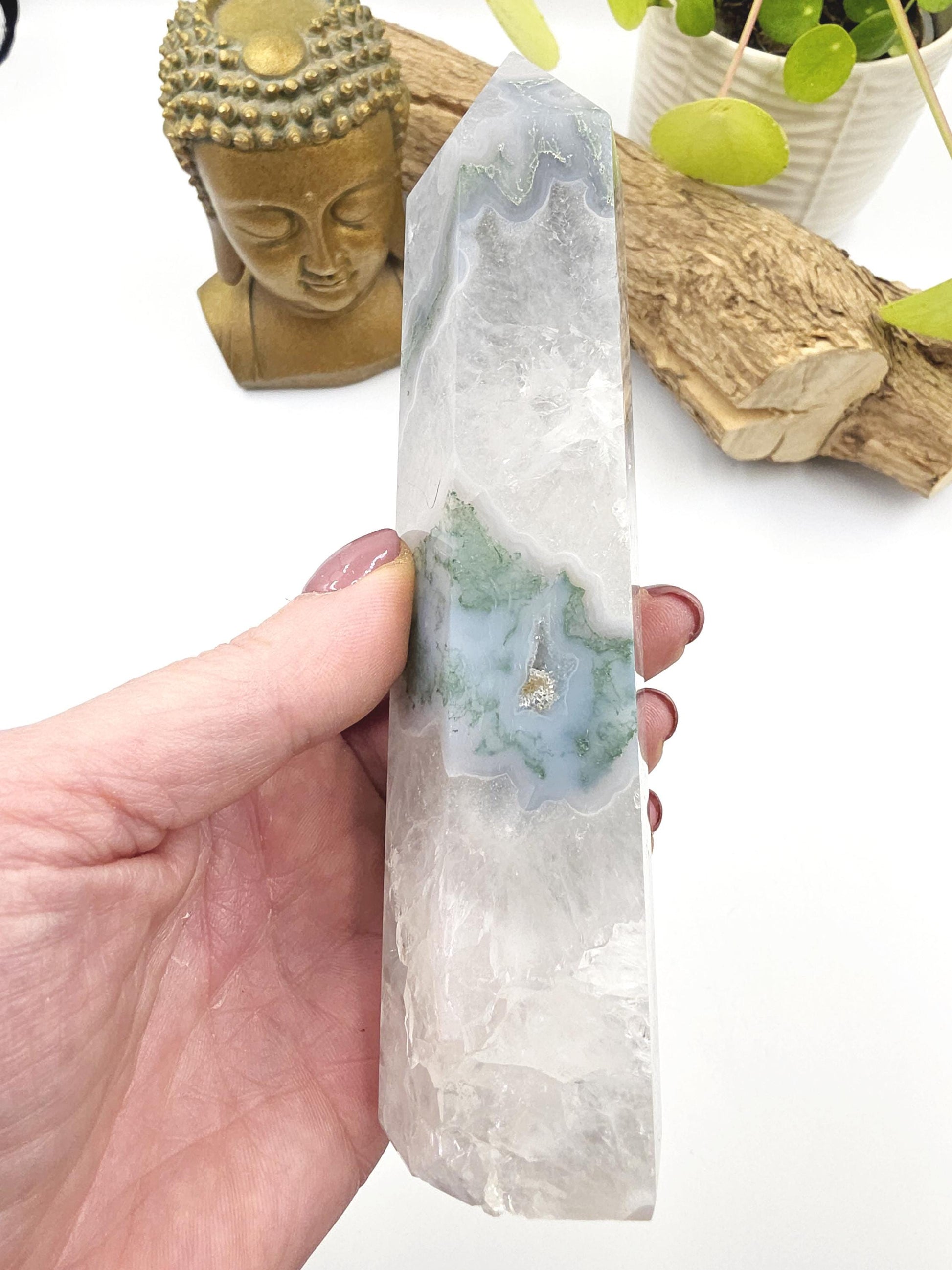 Large Blue Moss Agate Tower – Growth, Balance & Heart Chakra Crystal, 490g
