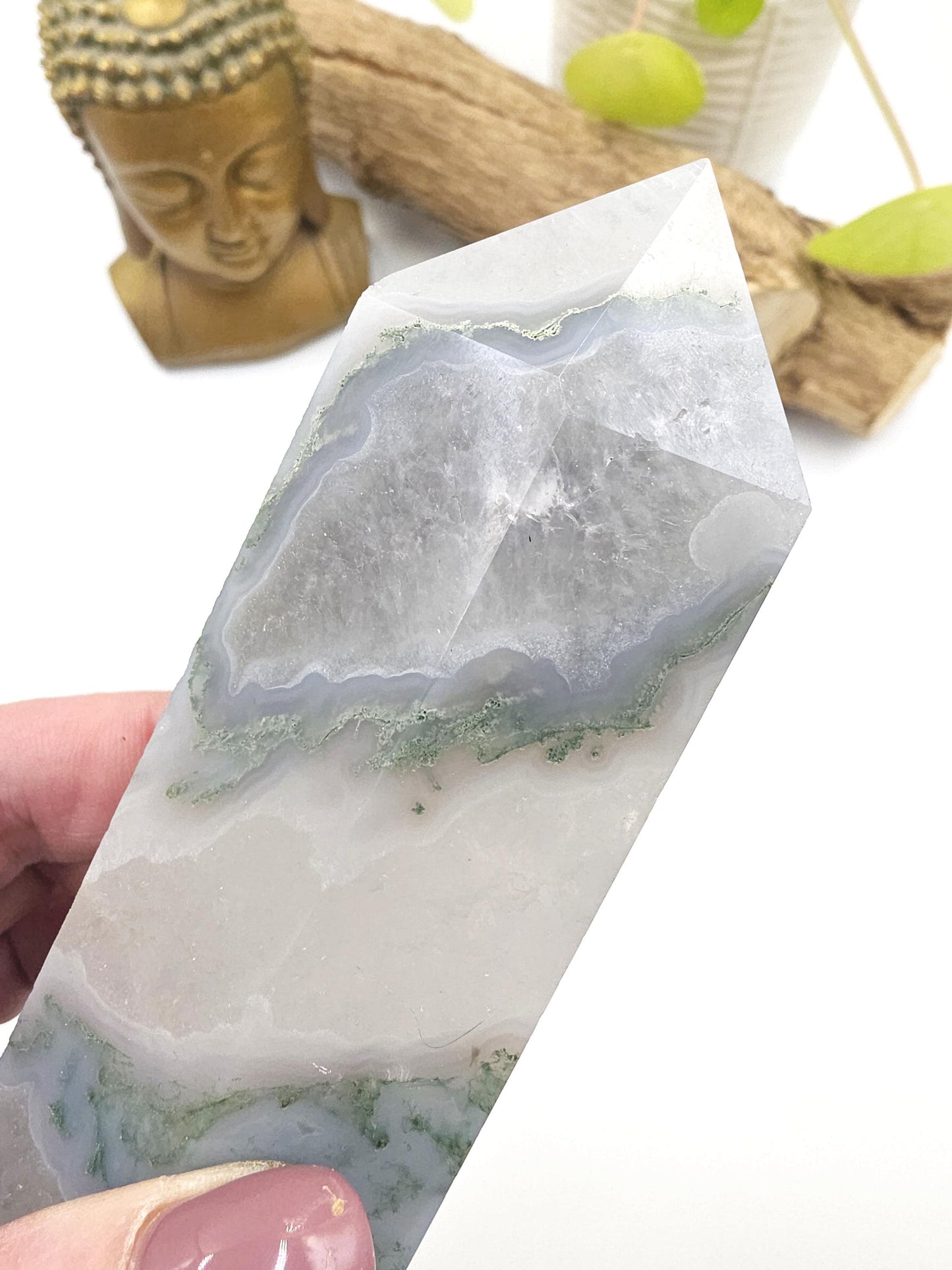 Large Blue Moss Agate Tower – Growth, Balance & Heart Chakra Crystal, 490g