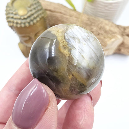 Black Moonstone & Sunstone Sphere – Protection, Joy and Root and Sacral Chakra Crystal, 36mm