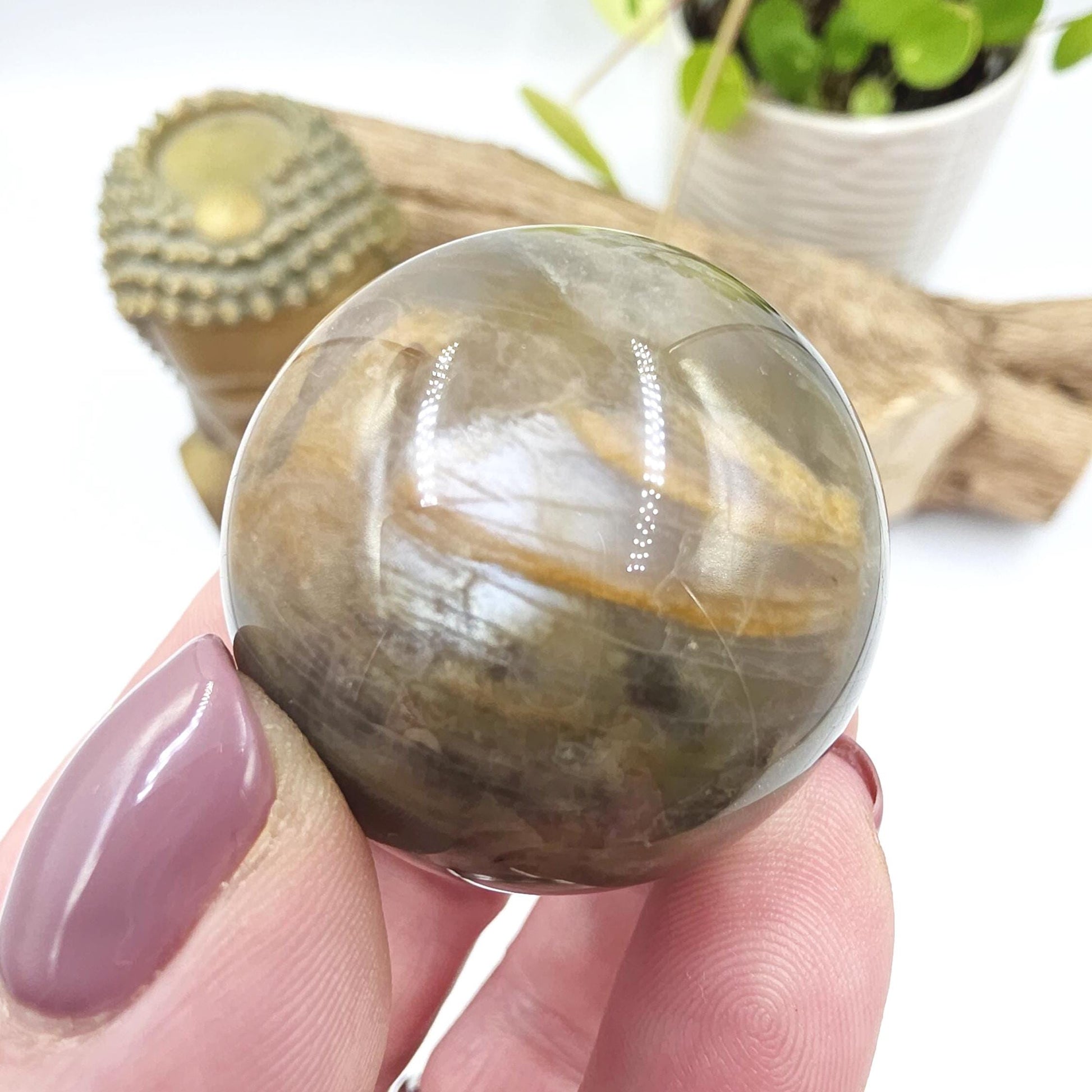 Black Moonstone & Sunstone Sphere – Protection, Joy and Root and Sacral Chakra Crystal, 36mm