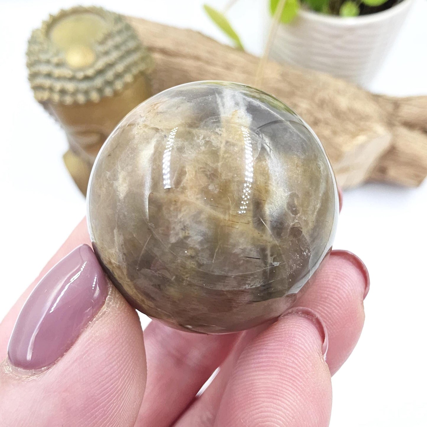 Black Moonstone & Sunstone Sphere – Protection, Joy and Root and Sacral Chakra Crystal, 36mm