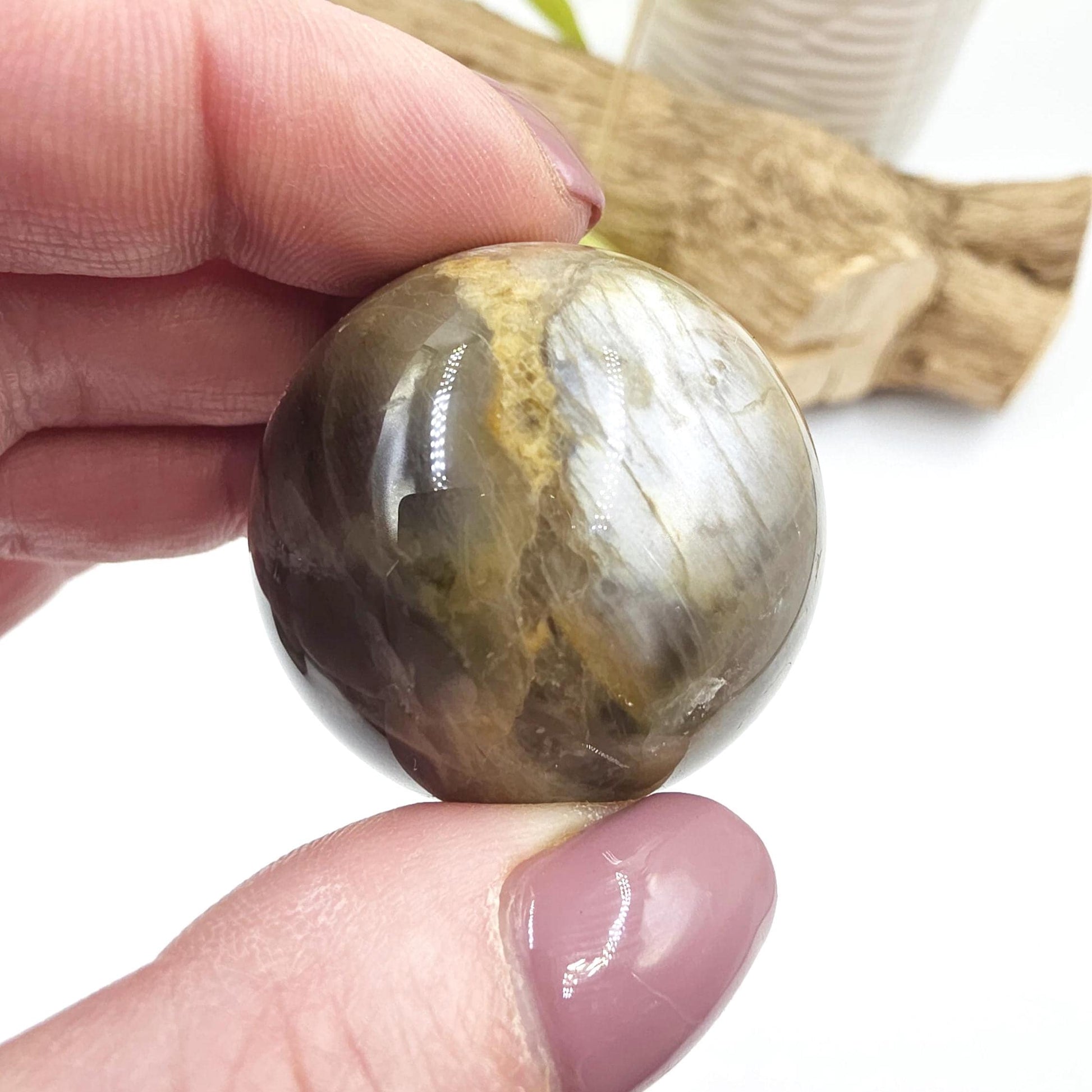 Black Moonstone & Sunstone Sphere – Protection, Joy and Root and Sacral Chakra Crystal, 36mm