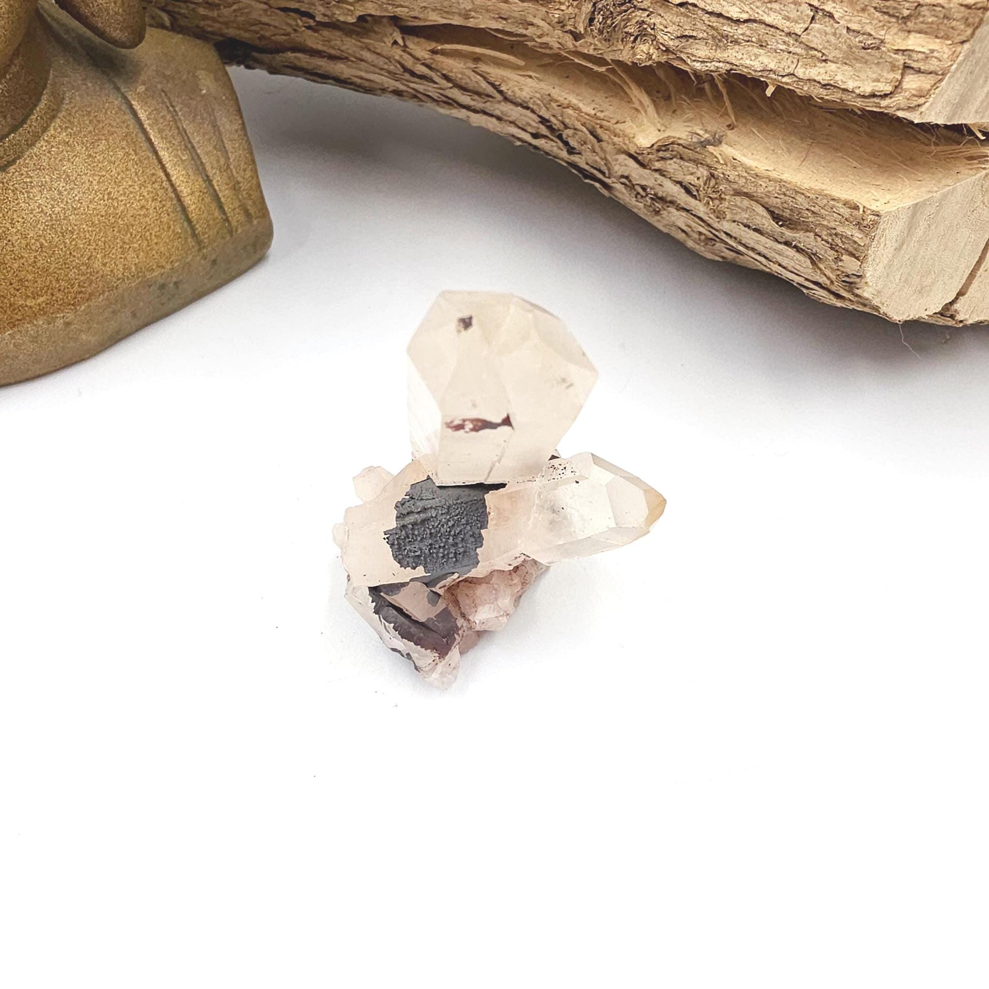 Twin Clear Quartz and Hematite Cluster Specimen - Grounding & Amplifying Healing Raw Crystal, 60g
