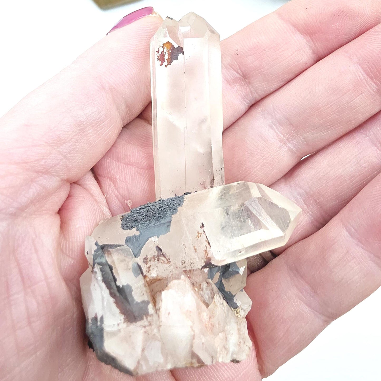 Twin Clear Quartz and Hematite Cluster Specimen - Grounding & Amplifying Healing Raw Crystal, 60g