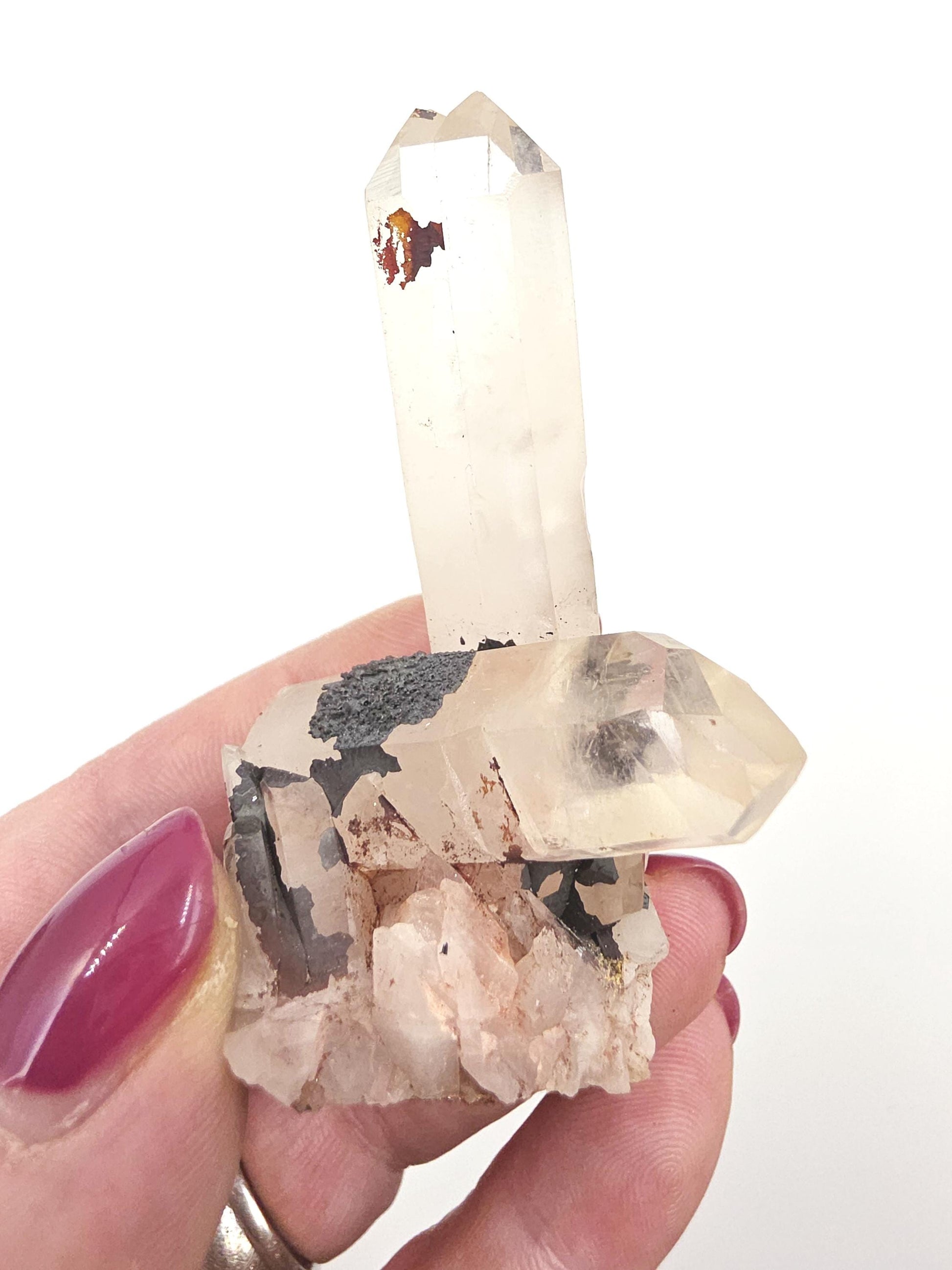 Twin Clear Quartz and Hematite Cluster Specimen - Grounding & Amplifying Healing Raw Crystal, 60g