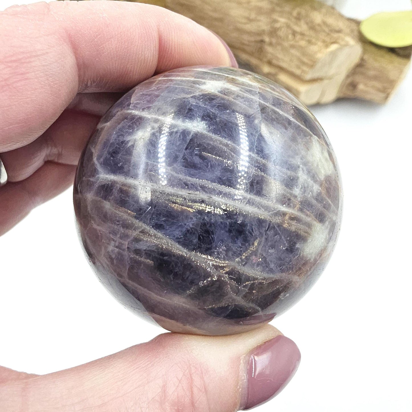 Iolite and Golden Sunstone Sphere – Intuition, Confidence & Positive Energy Crystal, 59mm