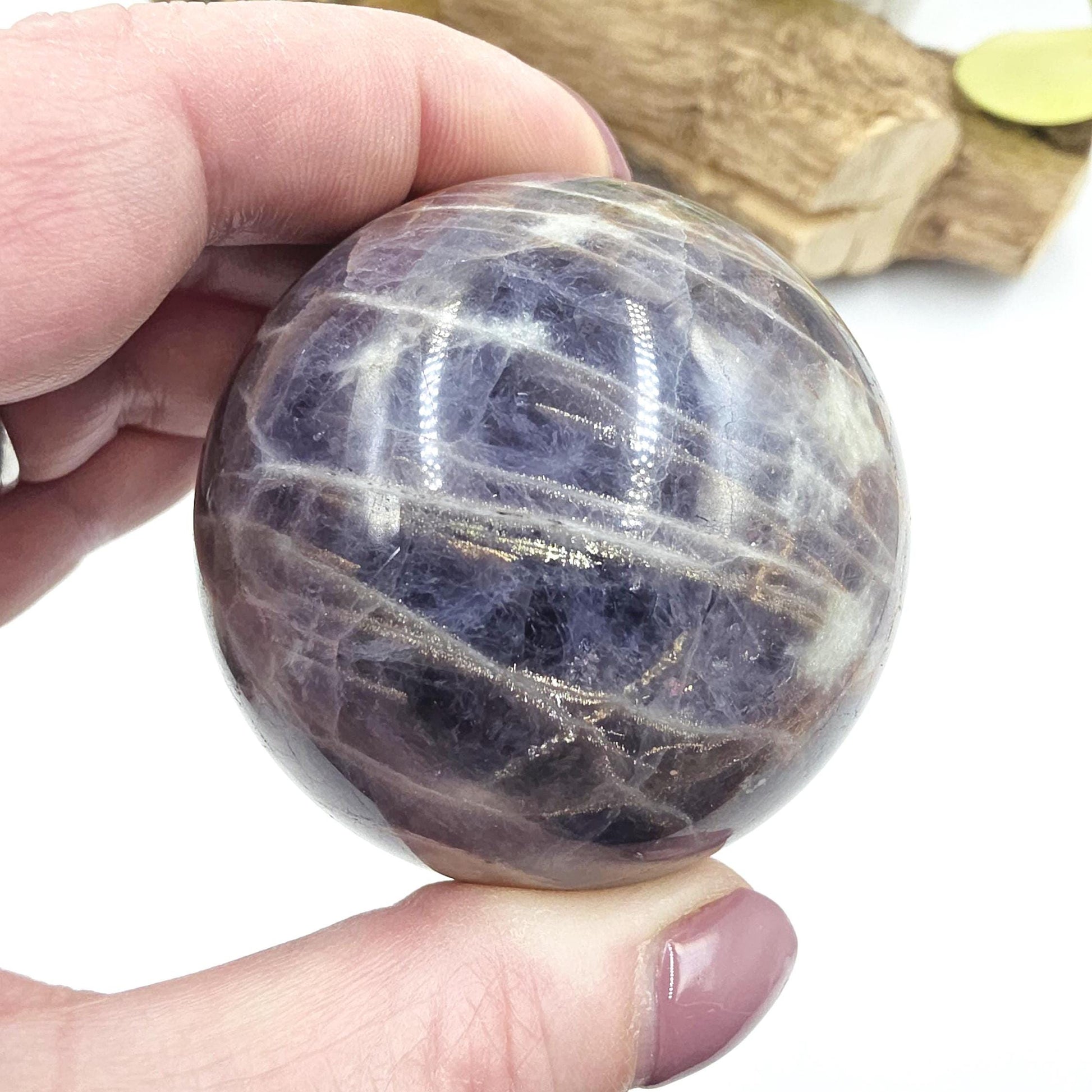 Iolite and Golden Sunstone Sphere – Intuition, Confidence & Positive Energy Crystal, 59mm
