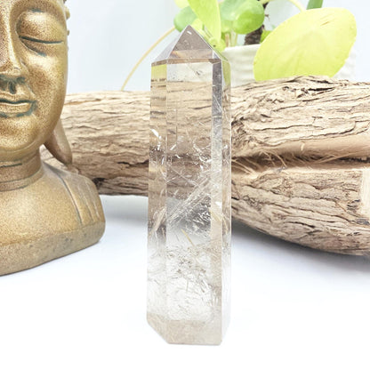 High Grade Golden Rutile Quartz Tower with Rainbow Flashes – Manifestation, Clarity & Energy Amplification Crystal, 8.8cm