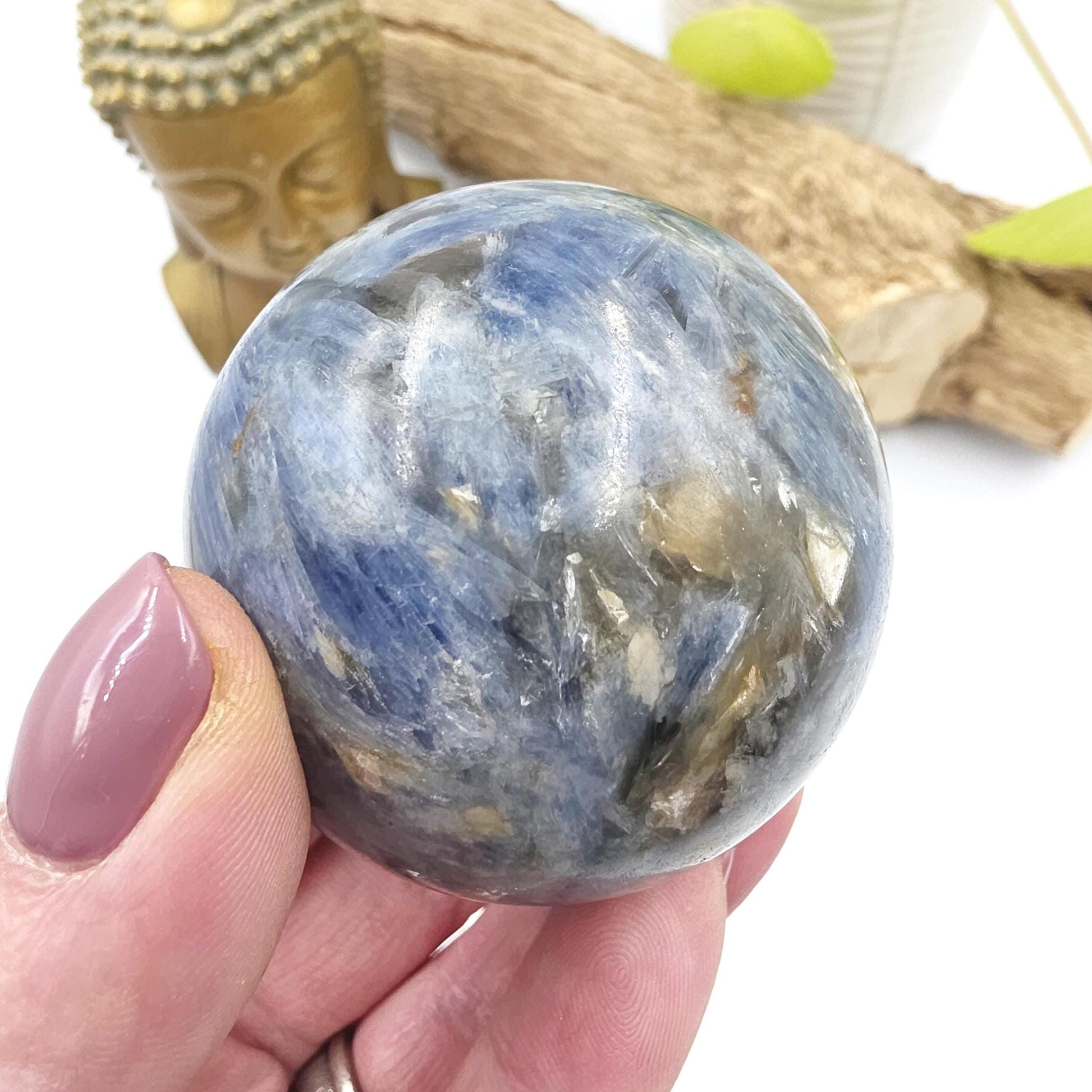 Flashy Kyanite Sphere – Alignment, Clarity & Throat Chakra Crystal, 56mm